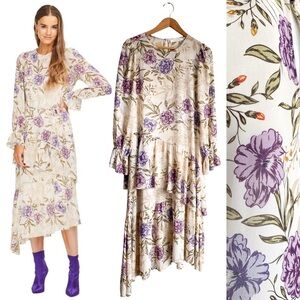 ASTR Lilac Cream Floral Asymmetrical Hem Victorian Wedding Guest Midi Dress S